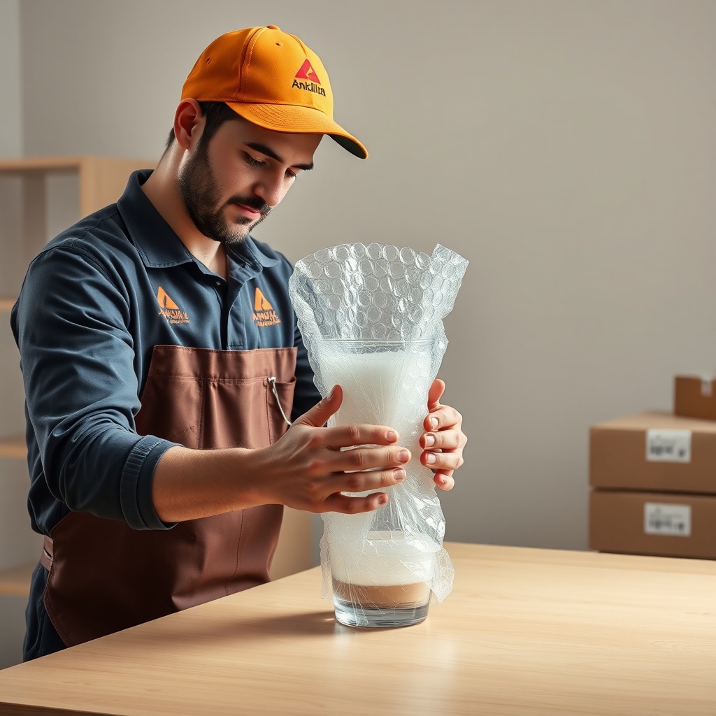 <clean photorealistic photo/illustration of an Anadolu Nakliyat worker wrapping a fragile