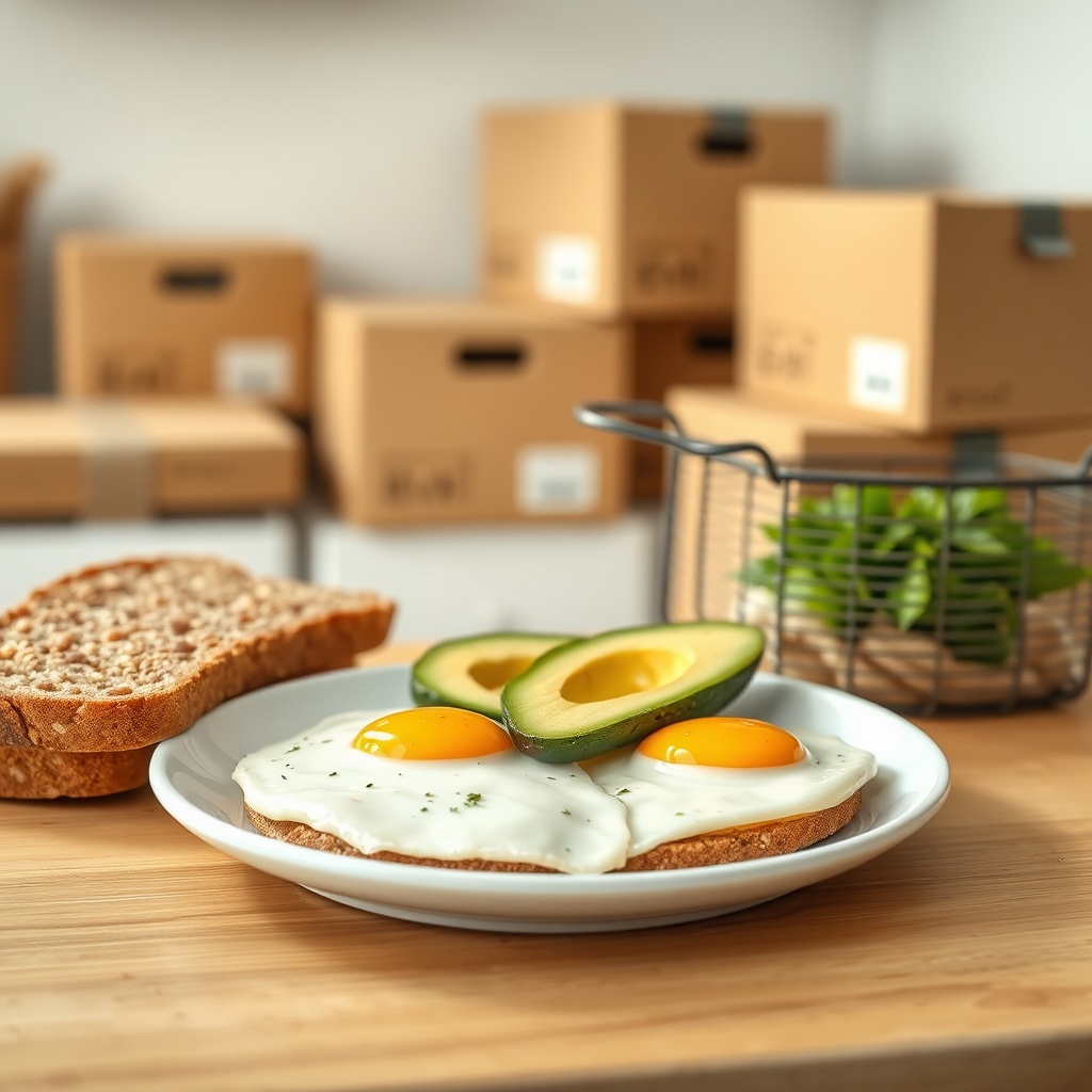 <clean photorealistic photo/illustration of a healthy breakfast plate with eggs