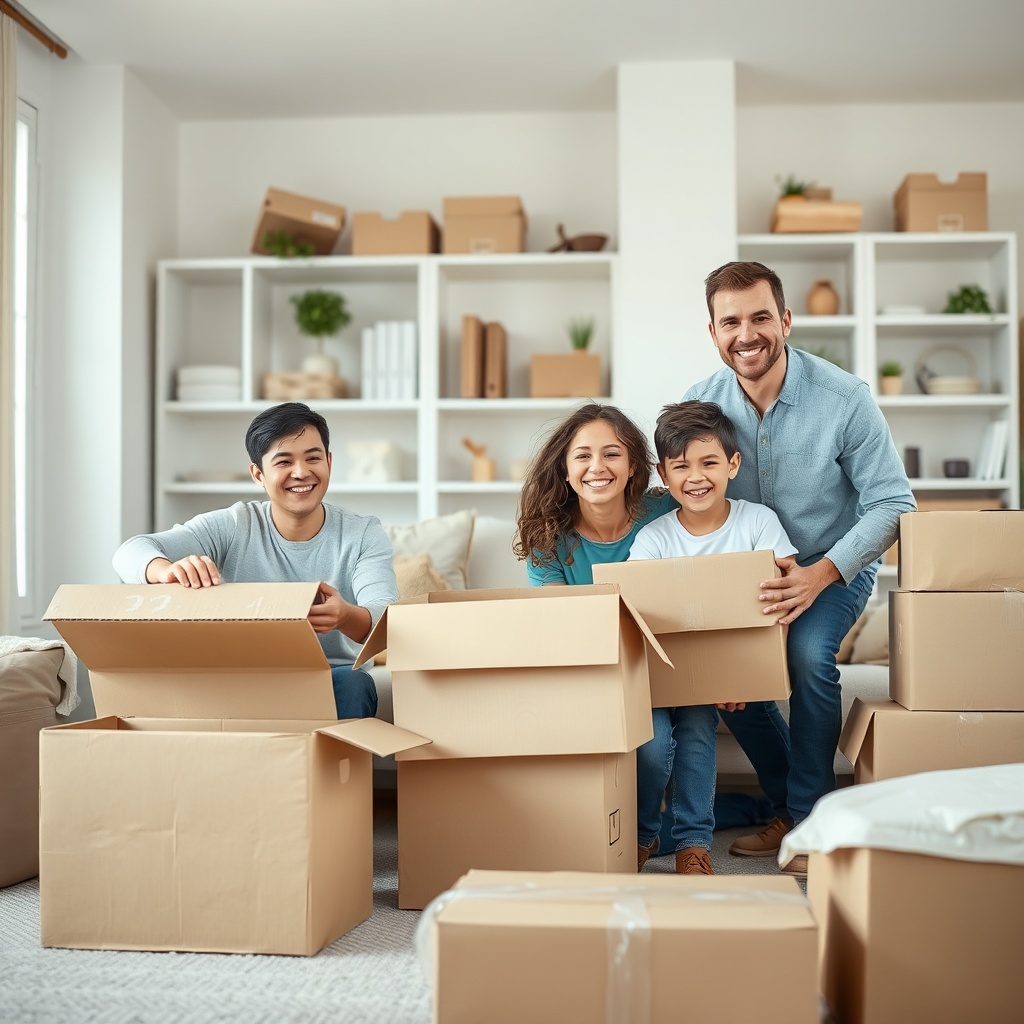 <clean photorealistic photo of a family smiling while unpacking boxes in a bright living r