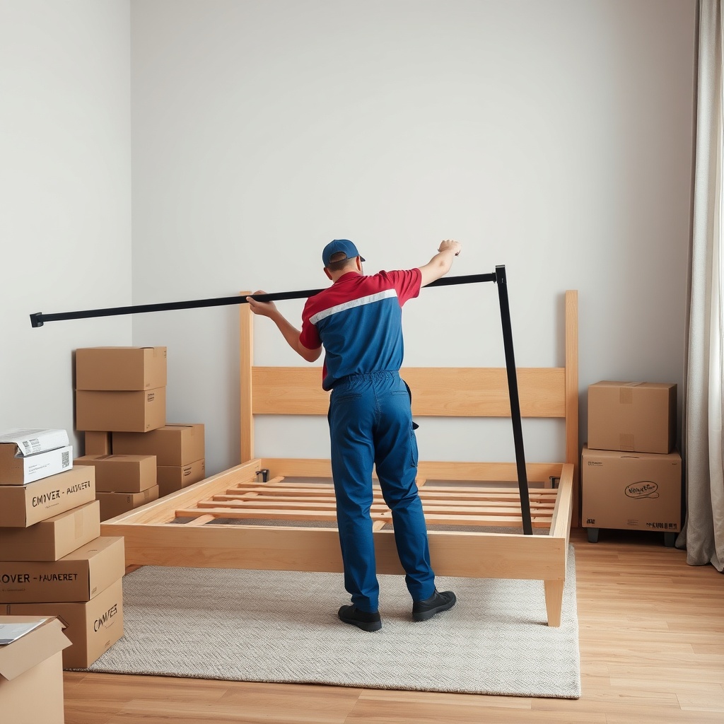 <clean photorealistic photo of a mover in uniform assembling a bed frame in a bedroom
