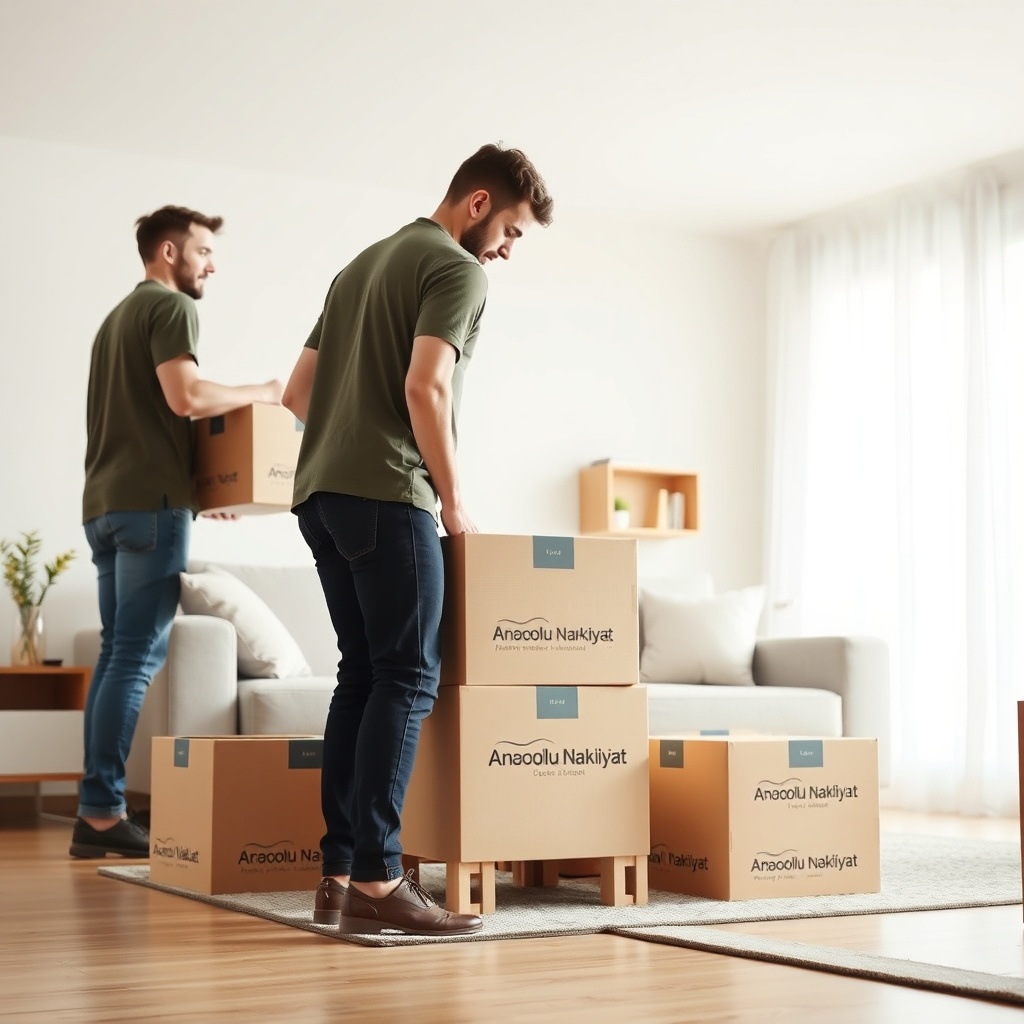<clean photorealistic photo/illustration of a modern Turkish moving team carefully placing