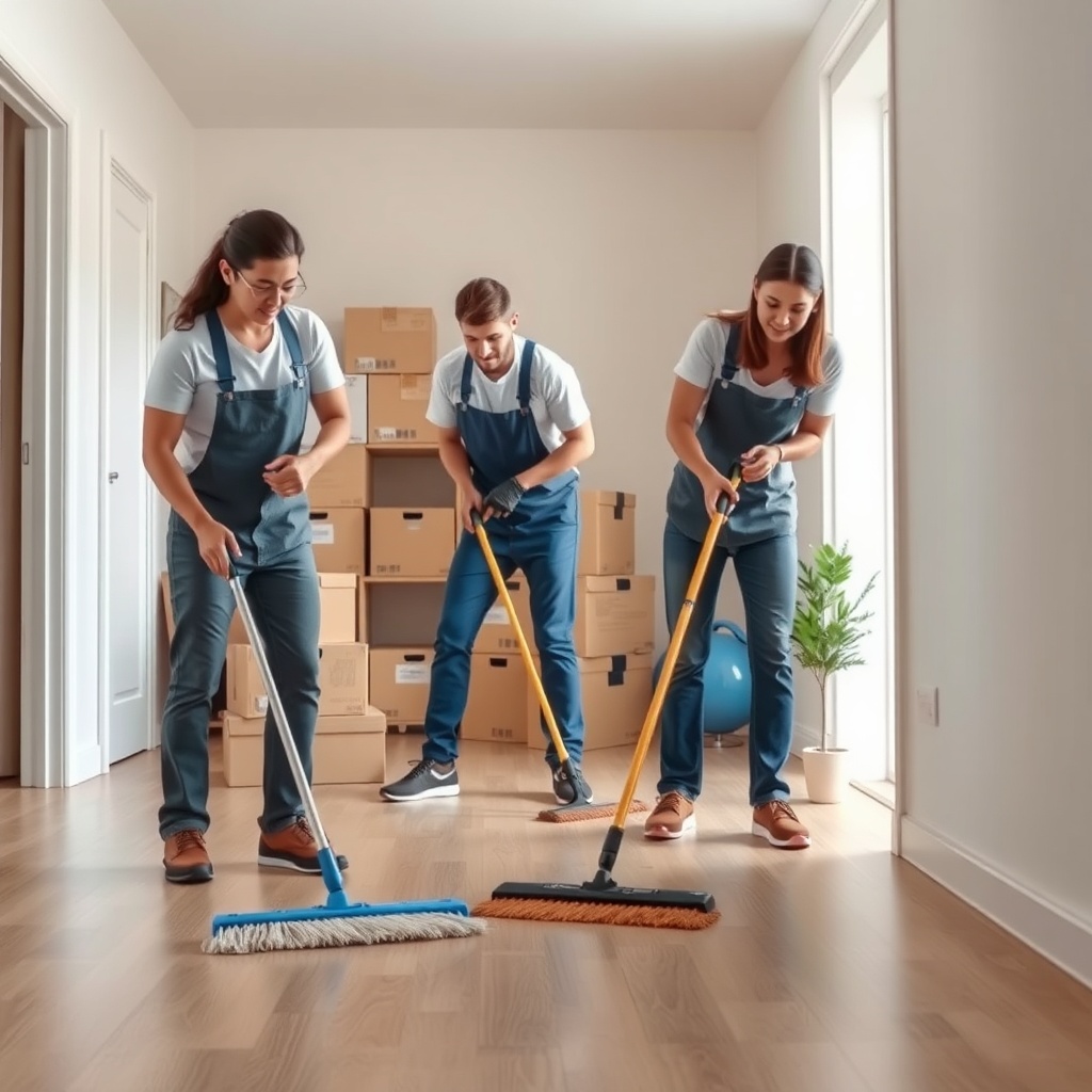 <clean photorealistic photo/illustration of a Turkish cleaning team sweeping a newly moved