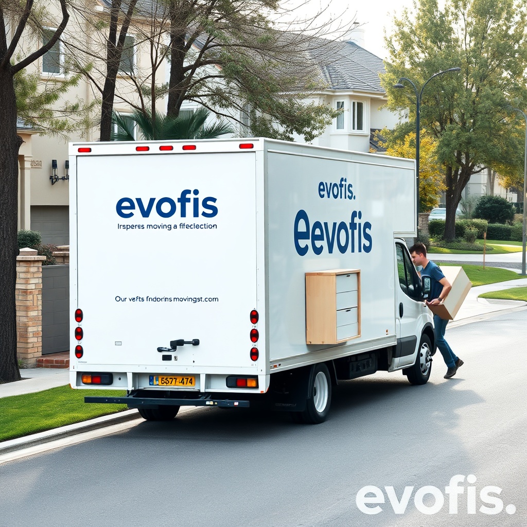 A clean photorealistic photo of a moving truck with Evofis branding parked in a residentia