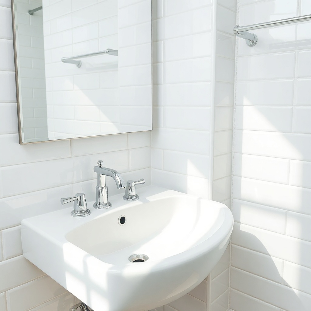 clean photorealistic photo of a sparkling clean bathroom sink with chrome fixtures
