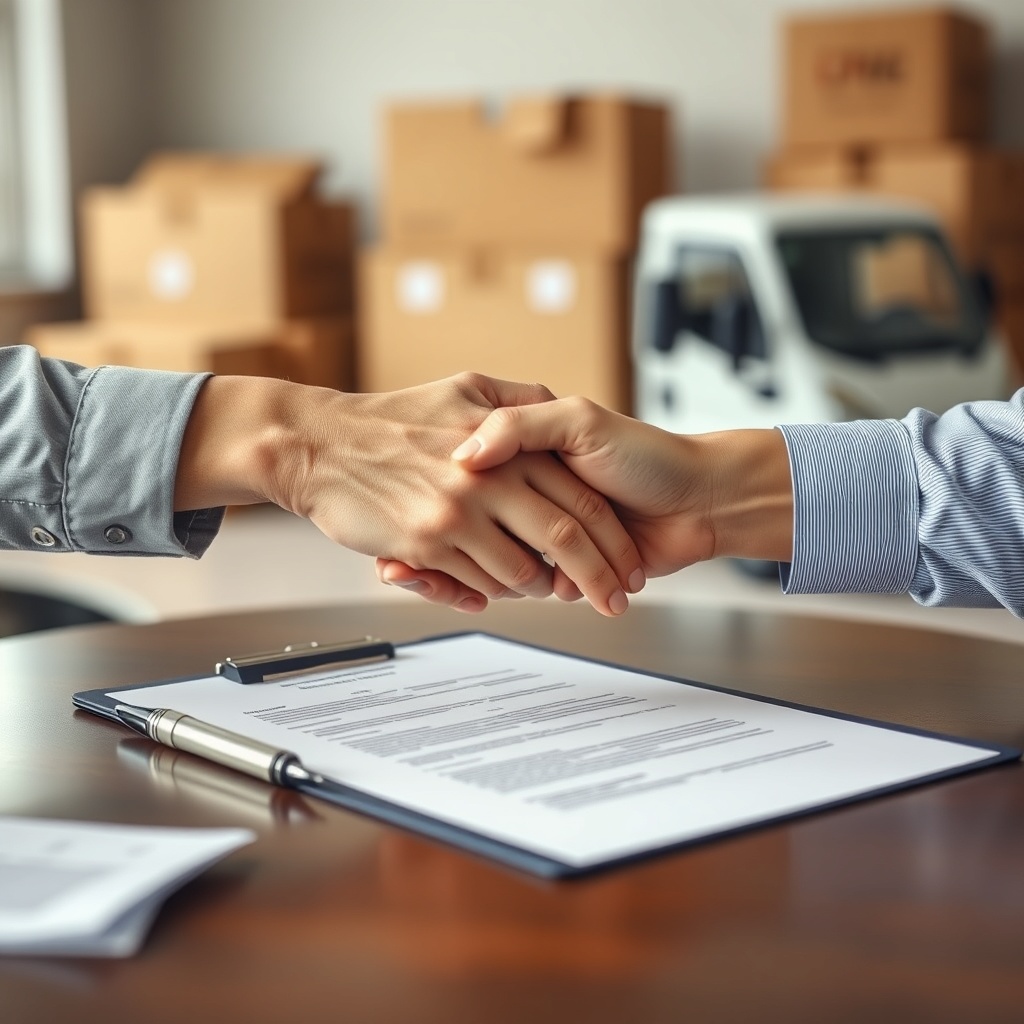 A clean photorealistic photo of two hands shaking over a contract on a desk