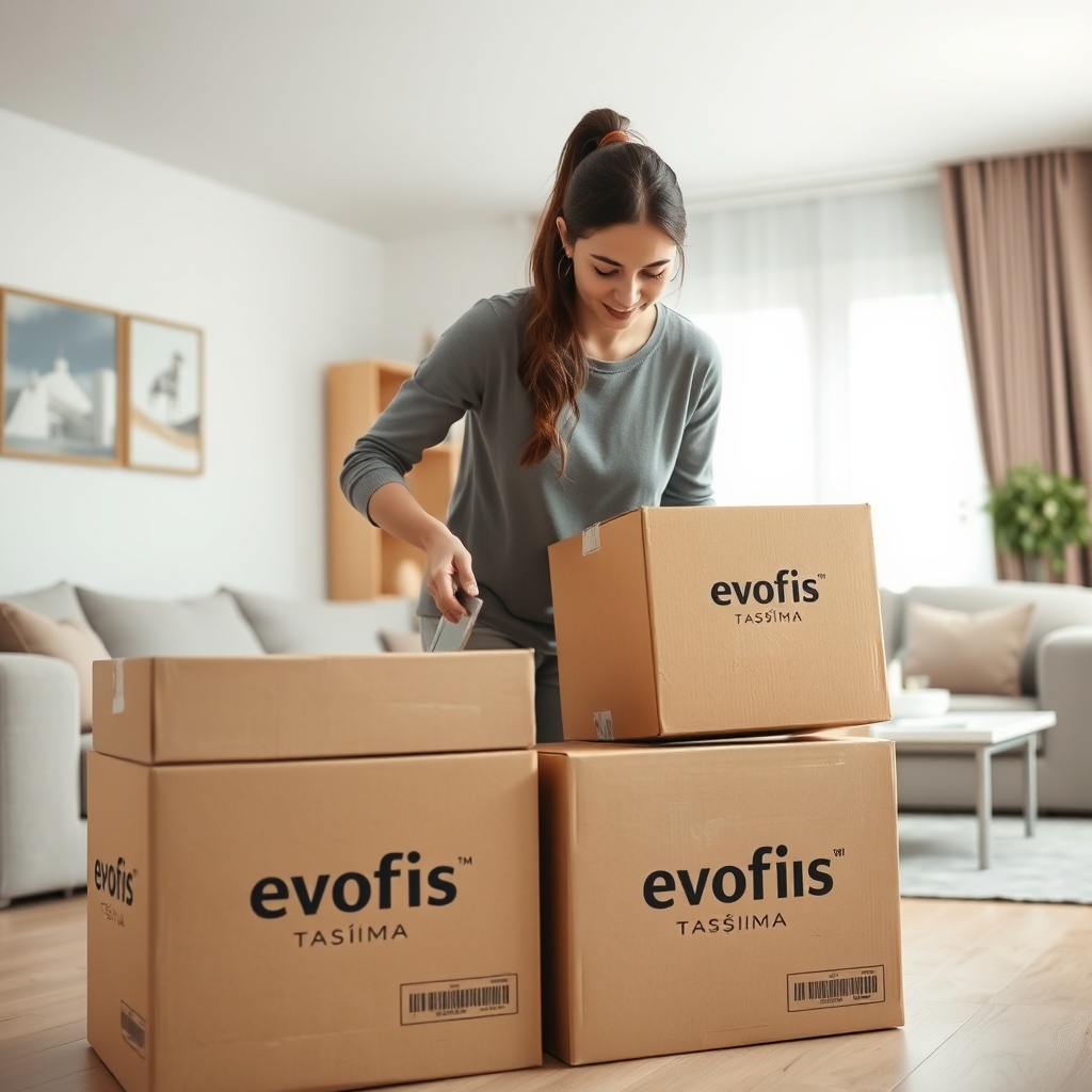 A clean photorealistic photo of a woman unpacking moving boxes labeled 'Evofis Taşıma'