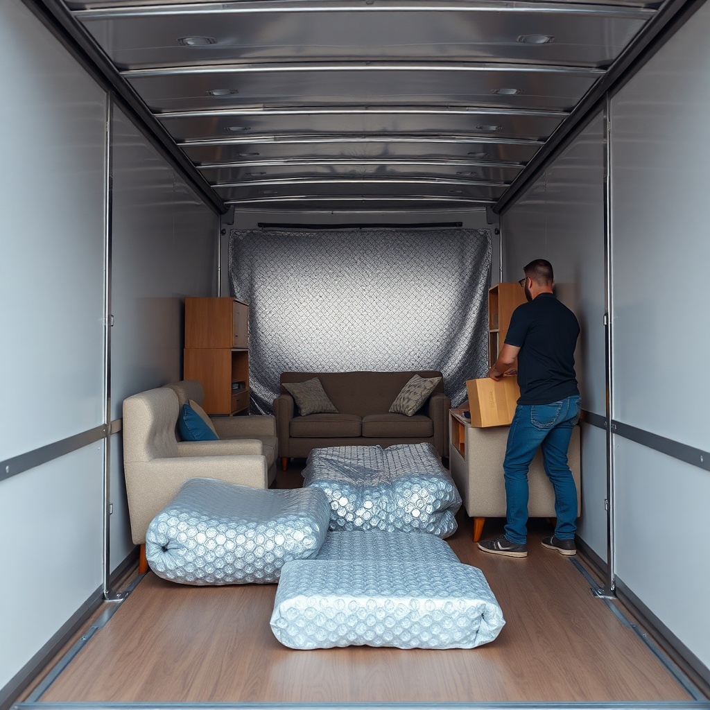 <clean photorealistic photo of a moving truck with furniture inside
