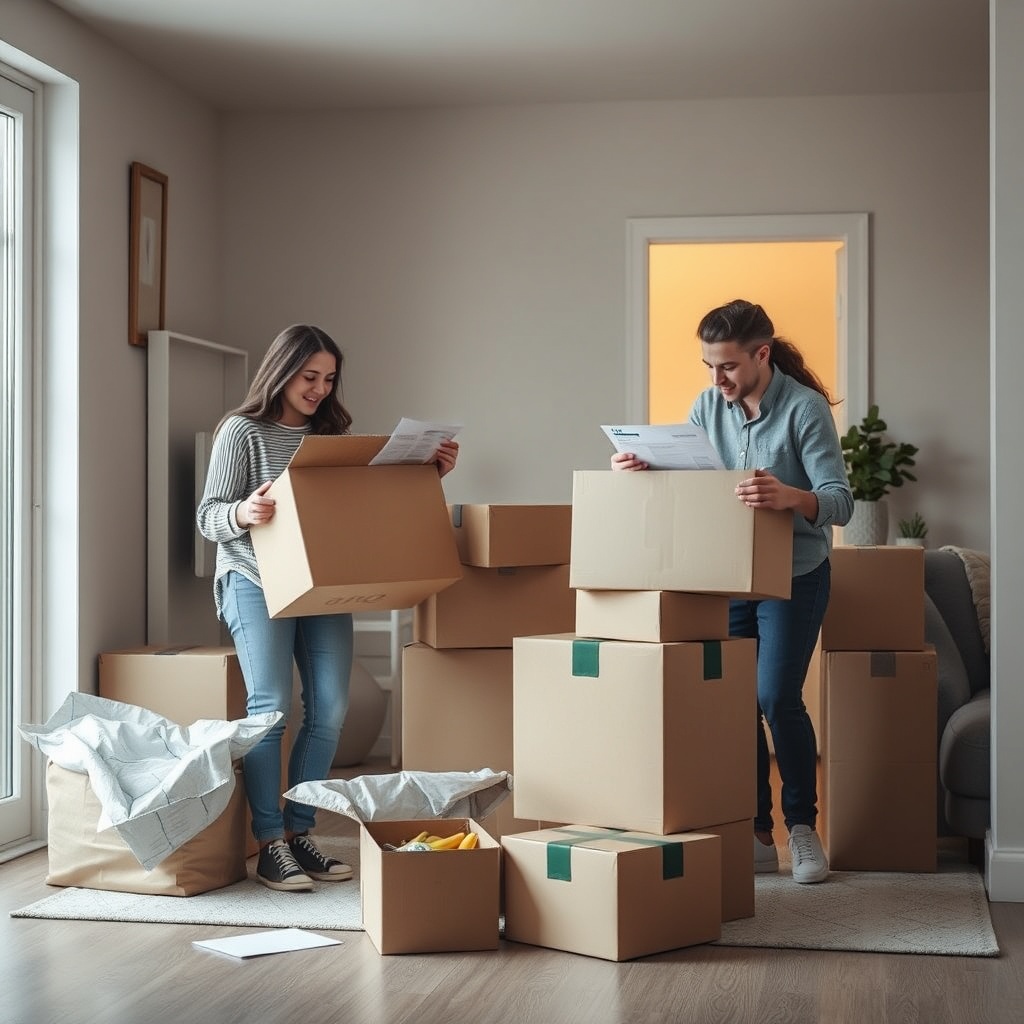 <clean photorealistic photo of a family unpacking boxes in a new home