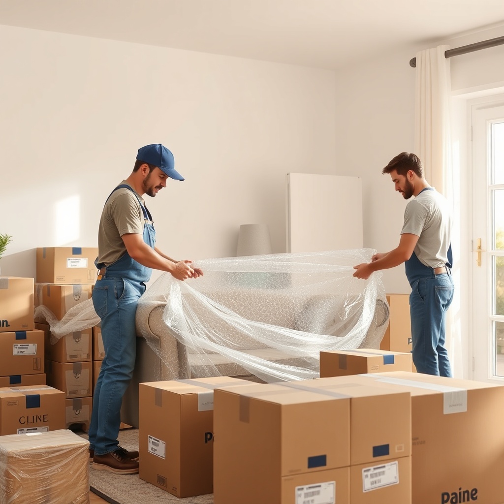 <clean photorealistic photo of professional movers carefully wrapping furniture with bubbl