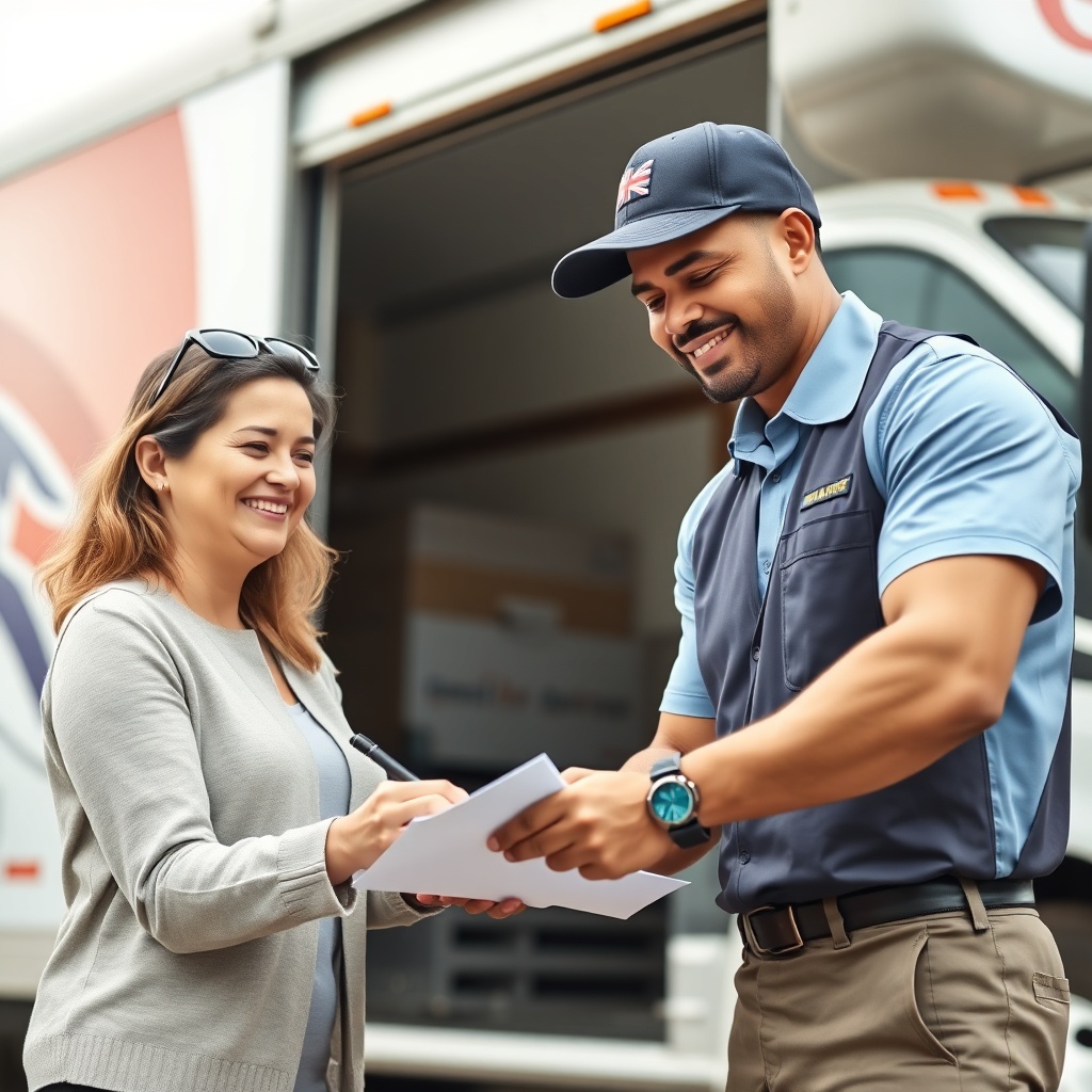 <clean photorealistic photo of a customer smiling while signing documents with a polite mo