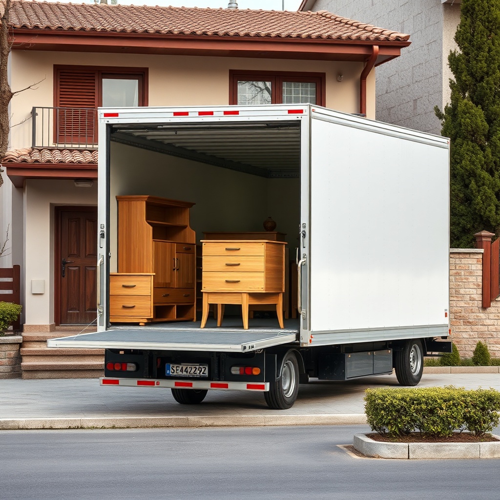 <clean photorealistic photo of a moving truck loading furniture in front of a house in Tur