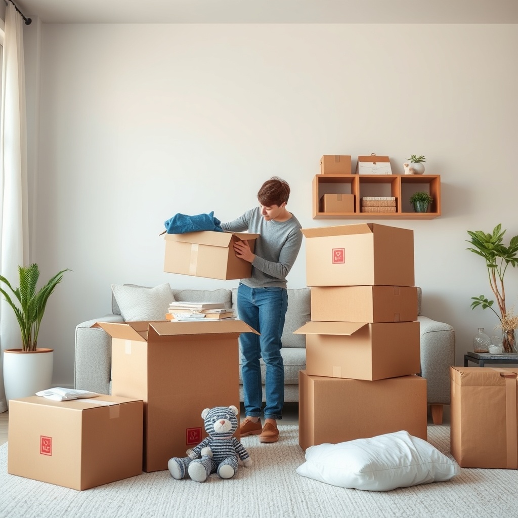 <clean photorealistic photo of a person packing household items into cardboard boxes in a