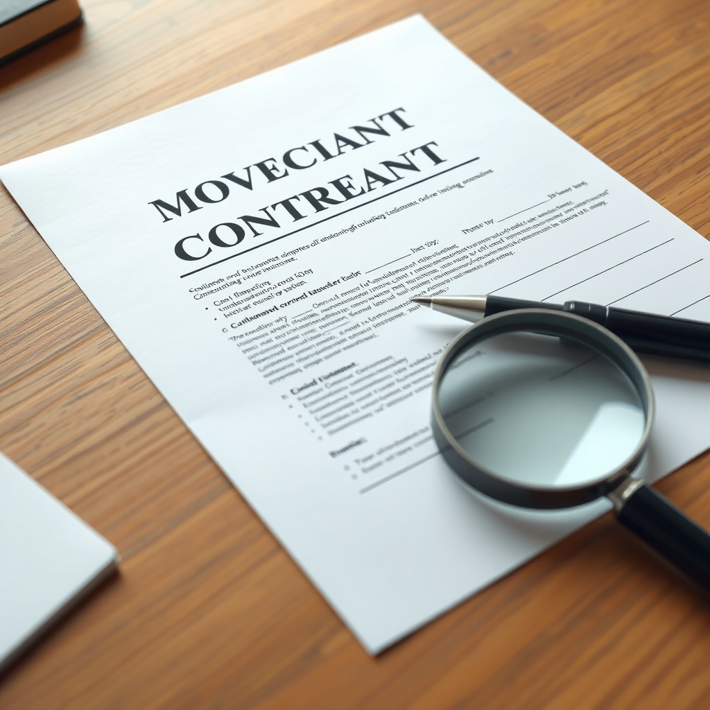 <clean photorealistic photo/illustration of a detailed moving contract on a wooden desk