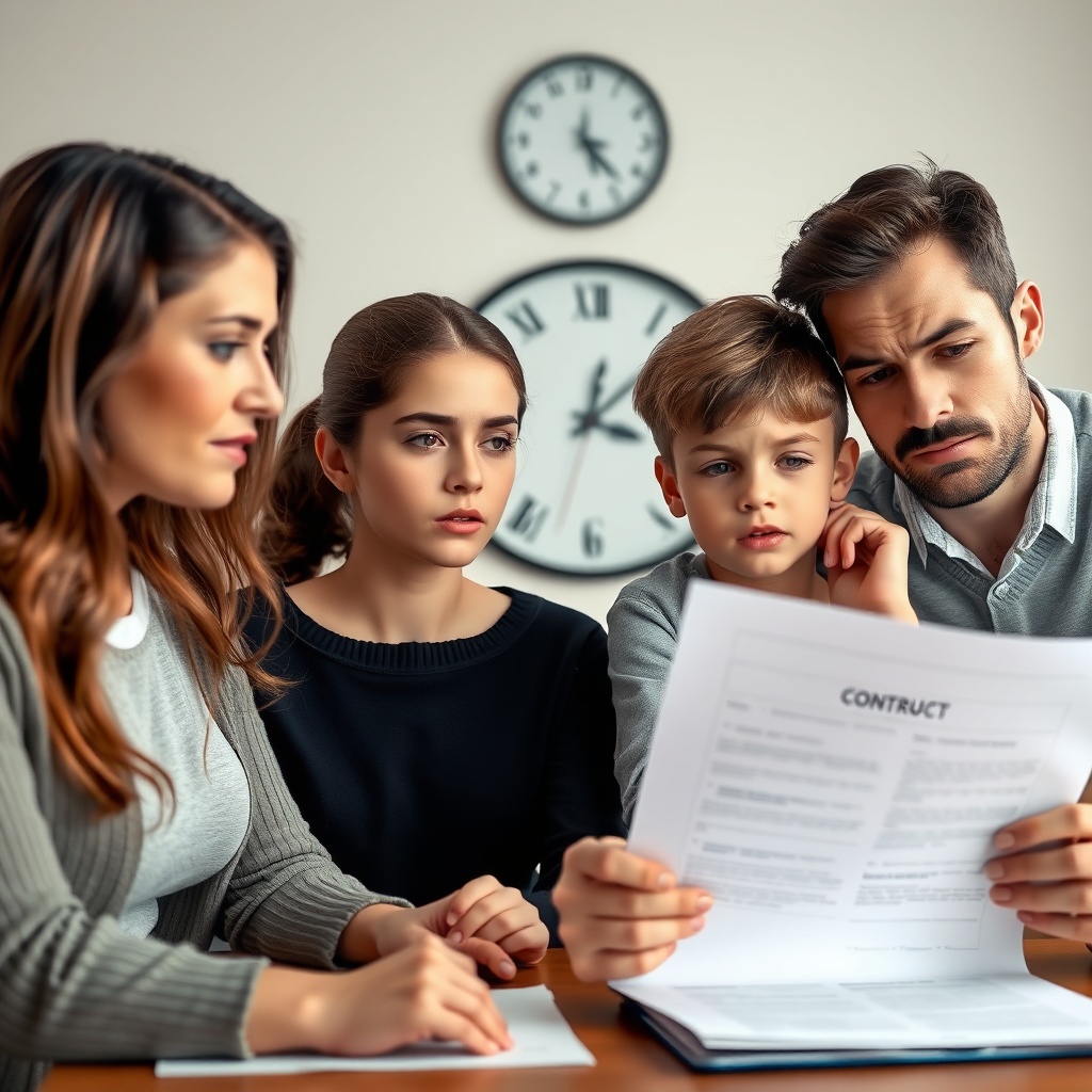 <clean photorealistic photo/illustration of a stressed family looking at a contract with a
