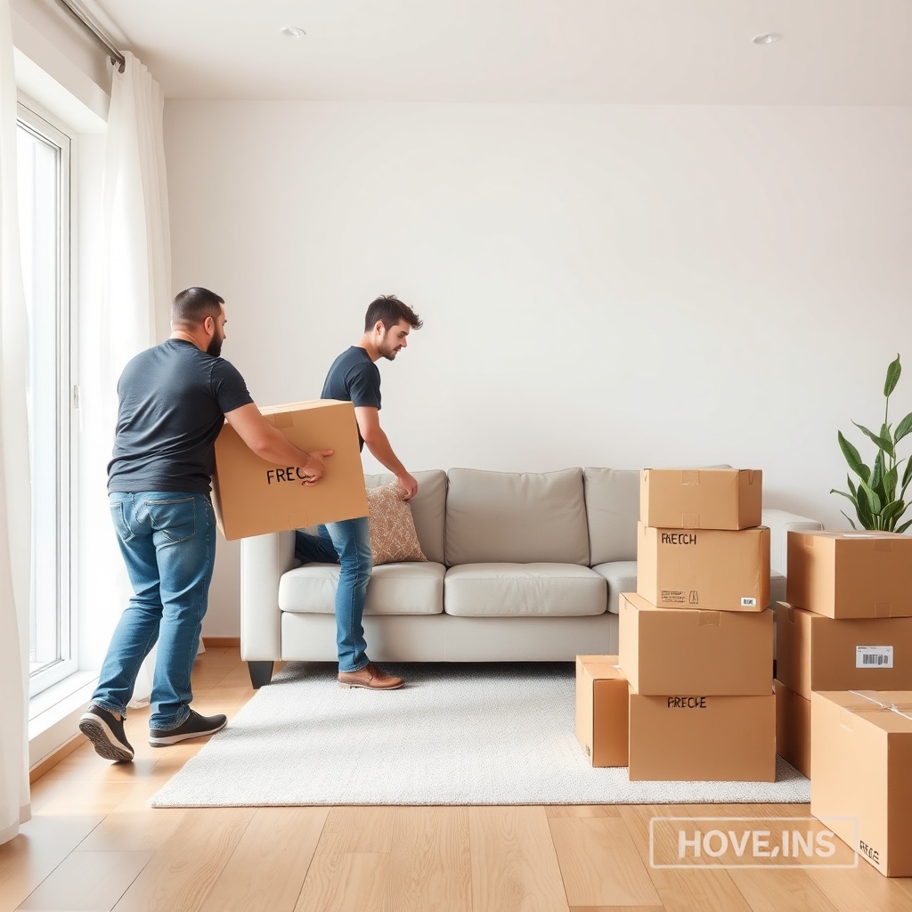 A professional moving team carefully placing furniture in a bright