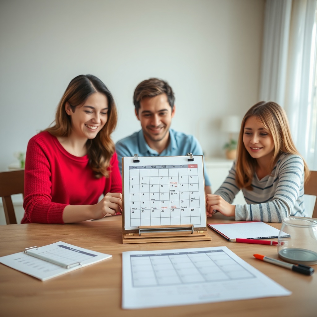 A clean photorealistic photo of a family planning their move with a calendar and checklist