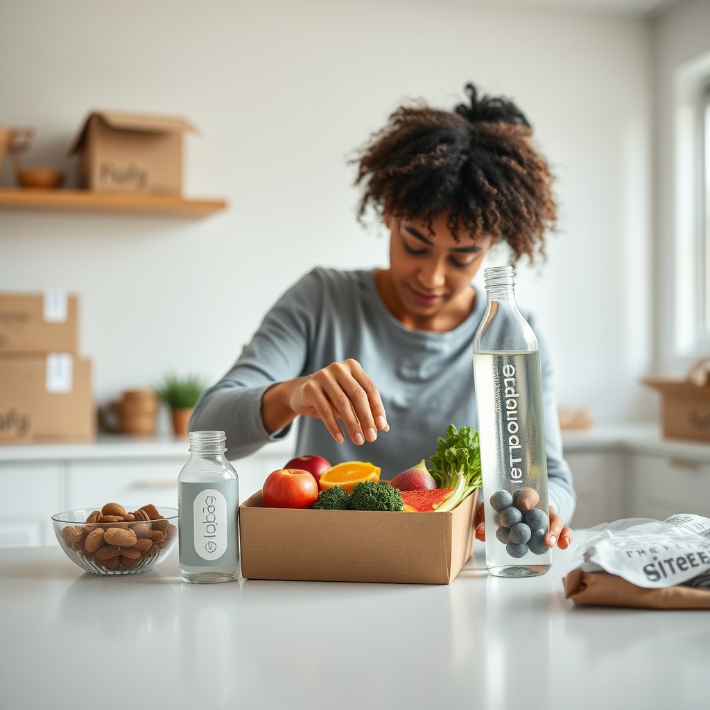 <A clean photorealistic photo of a person preparing a healthy meal box with fruits