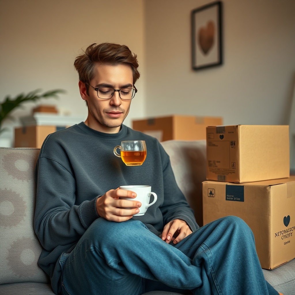 <A photorealistic photo of a calm person drinking herbal tea while sitting next to packed