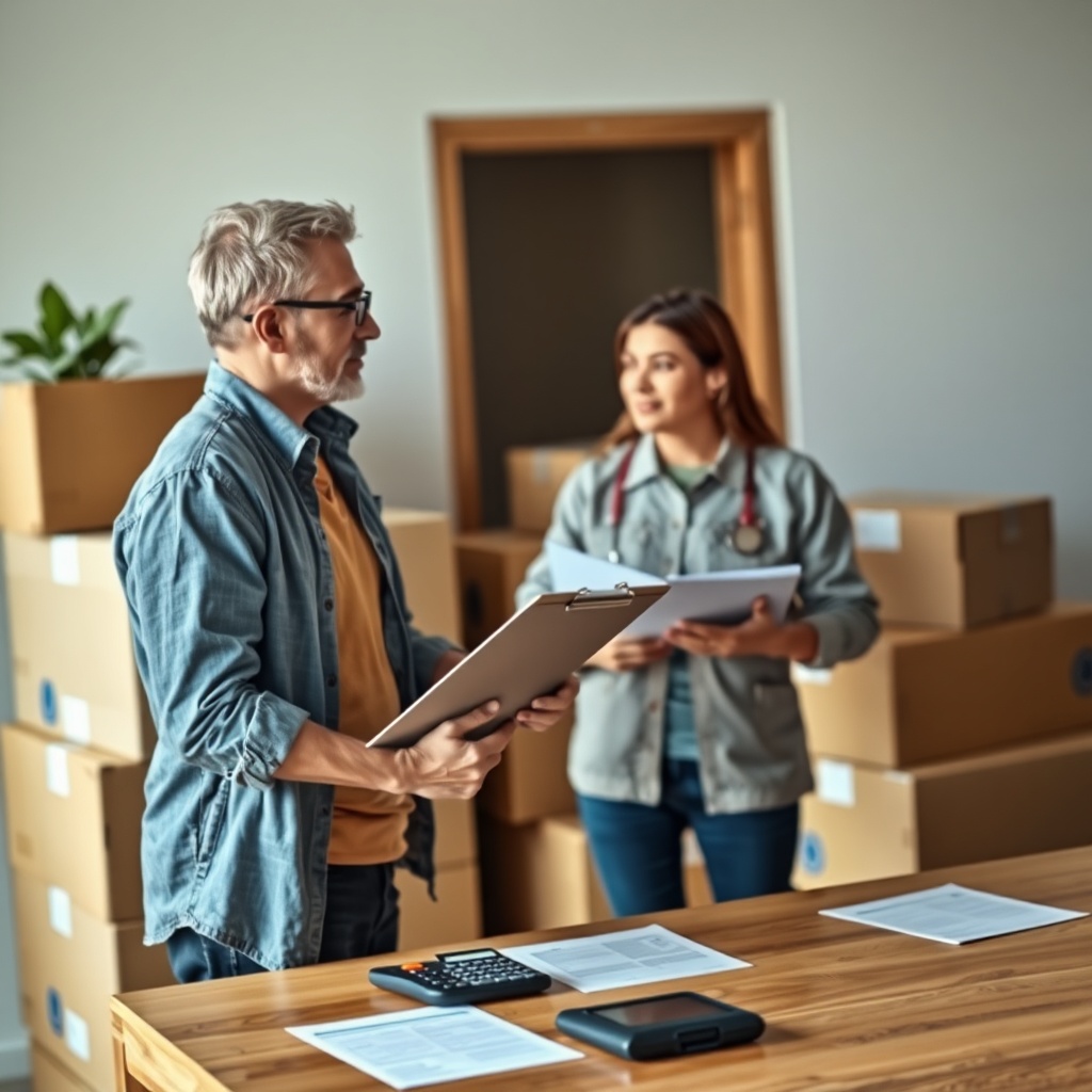 A photorealistic photo of a person holding a clipboard and talking to a moving company rep