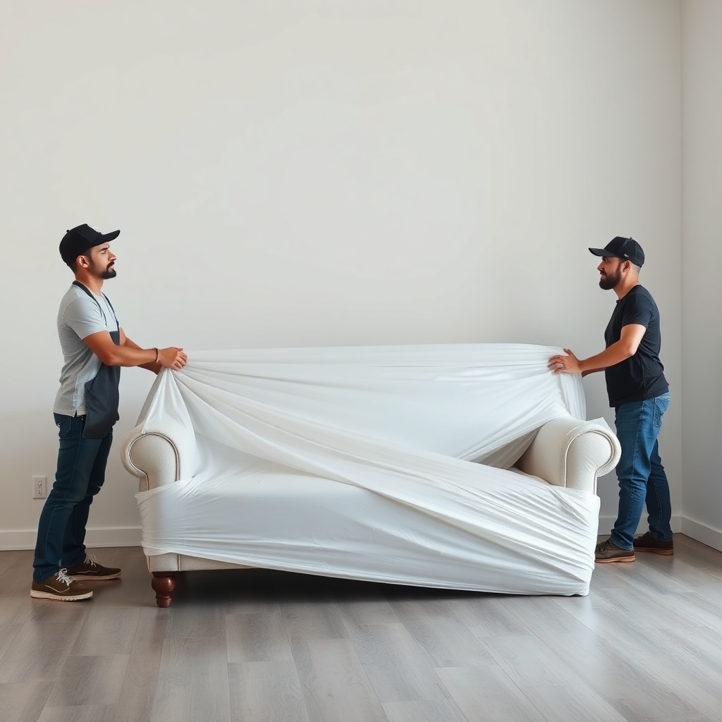 A clean photorealistic photo of movers wrapping a sofa in white stretch film with tape