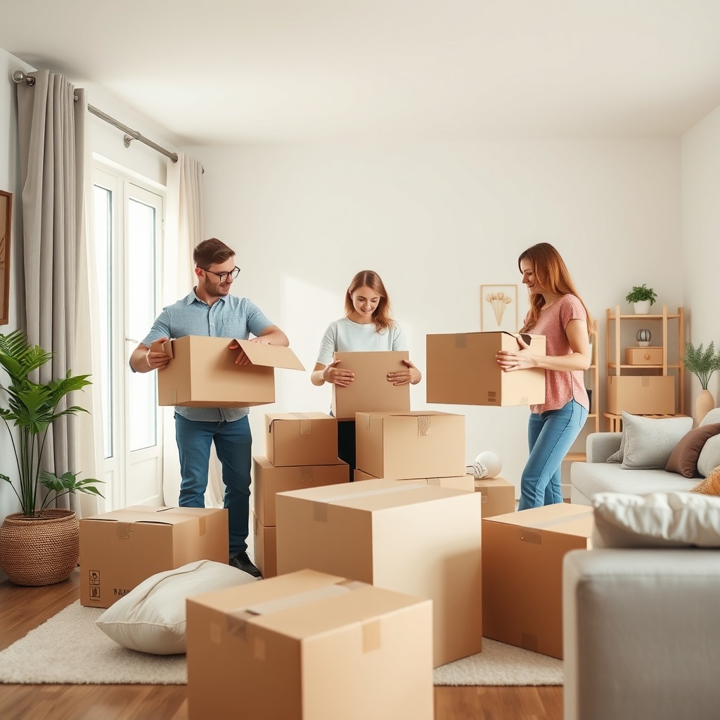<clean photorealistic photo of a family unpacking boxes in a bright living room