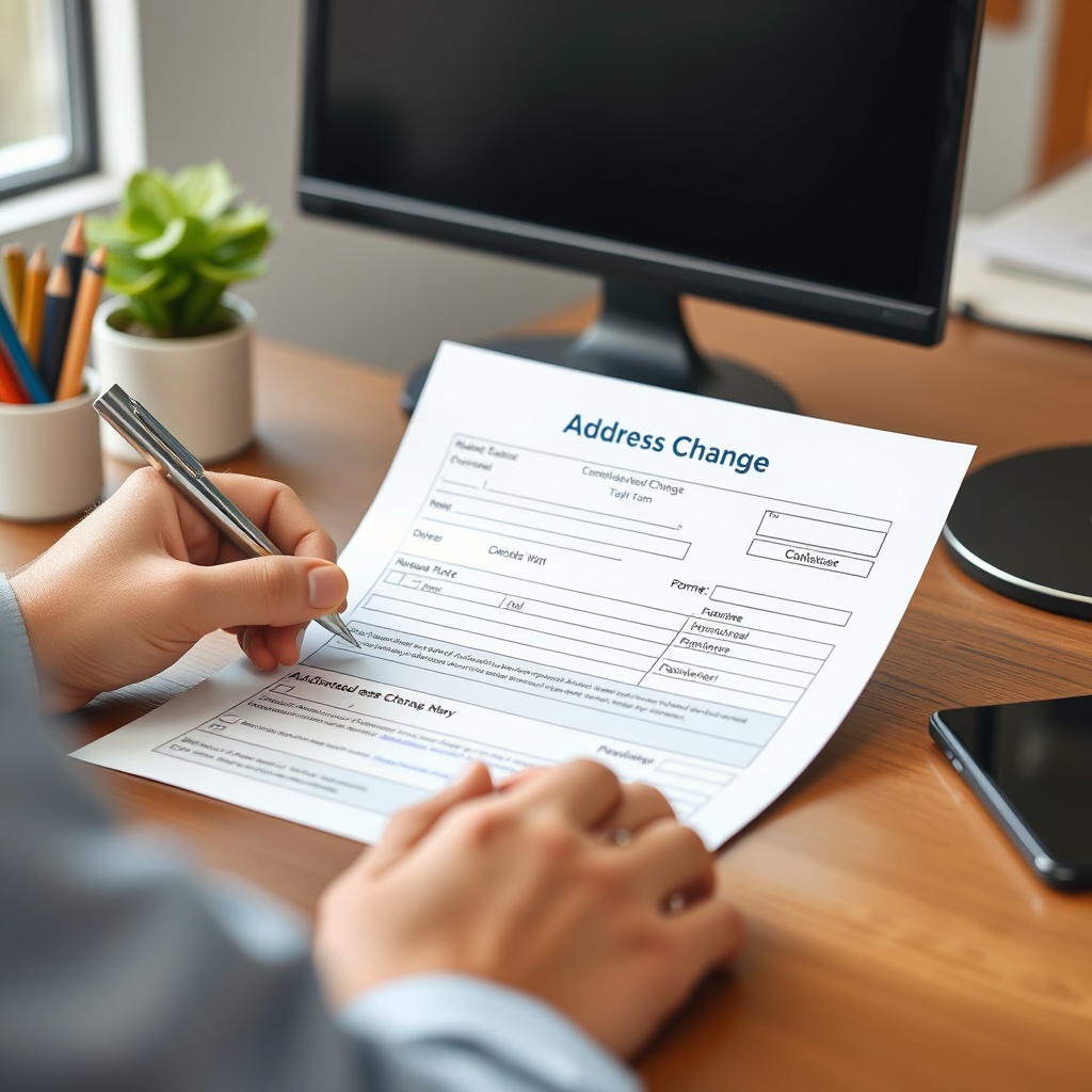 <clean photorealistic photo of a person filling out an address change form at a desk